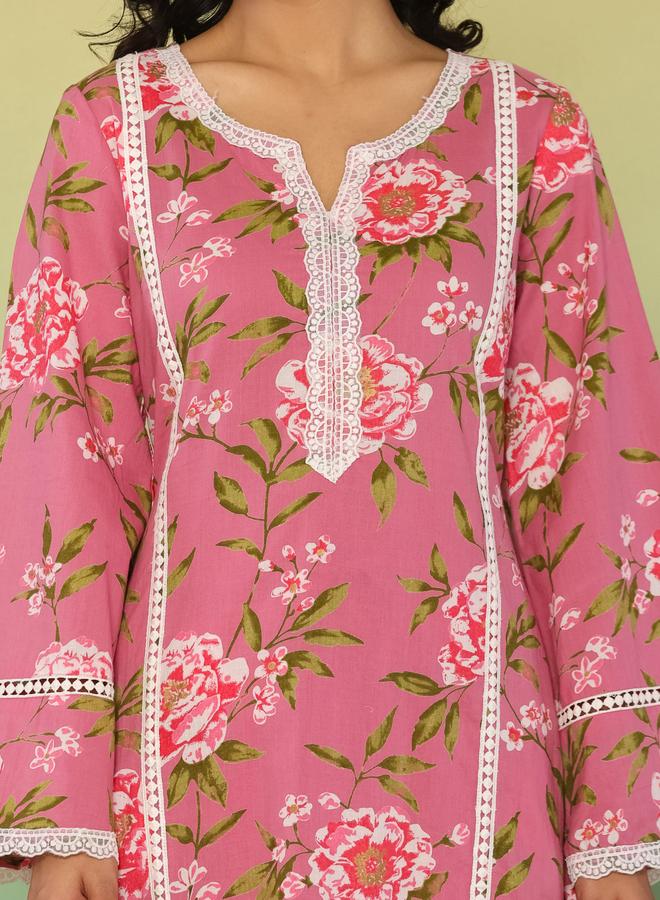 KASYA Pink Cotton Floral Printed Kurta with Pants Set - Image 5